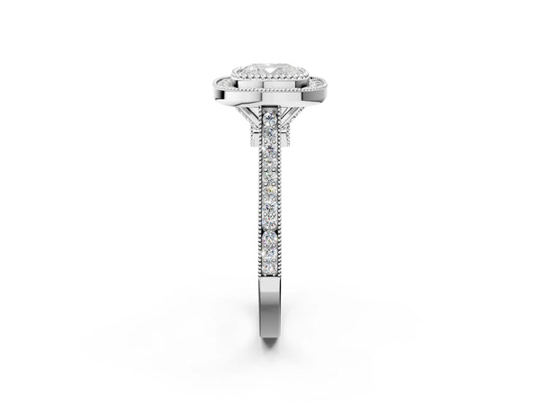 White gold Cushion Diamond Halo Ring with Milgrain Frame and Pavé Band