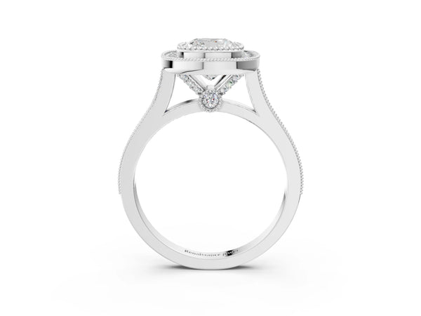 White gold Cushion Diamond Halo Ring with Milgrain Frame and Pavé Band