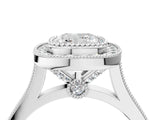 White gold Cushion Diamond Halo Ring with Milgrain Frame and Pavé Band 4