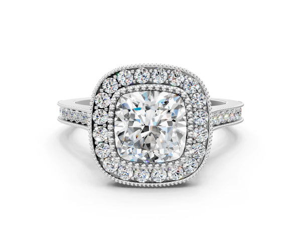 White gold Cushion Diamond Halo Ring with Milgrain Frame and Pavé Band