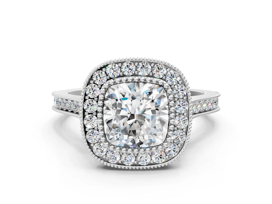 White gold Cushion Diamond Halo Ring with Milgrain Frame and Pavé Band