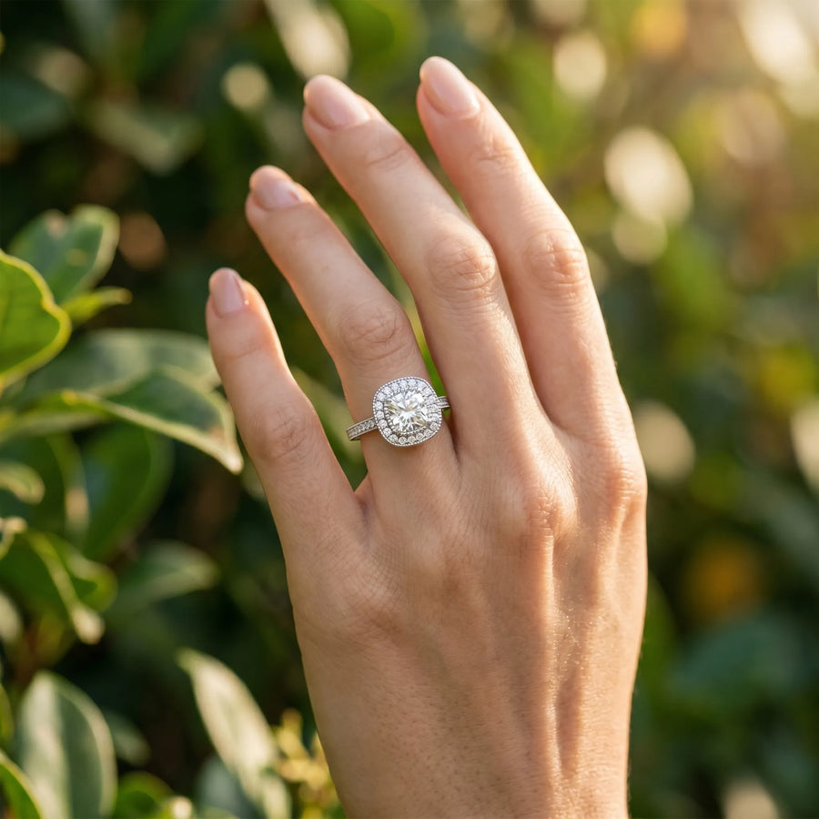 White gold Cushion Diamond Halo Ring with Milgrain Frame and Pavé Band