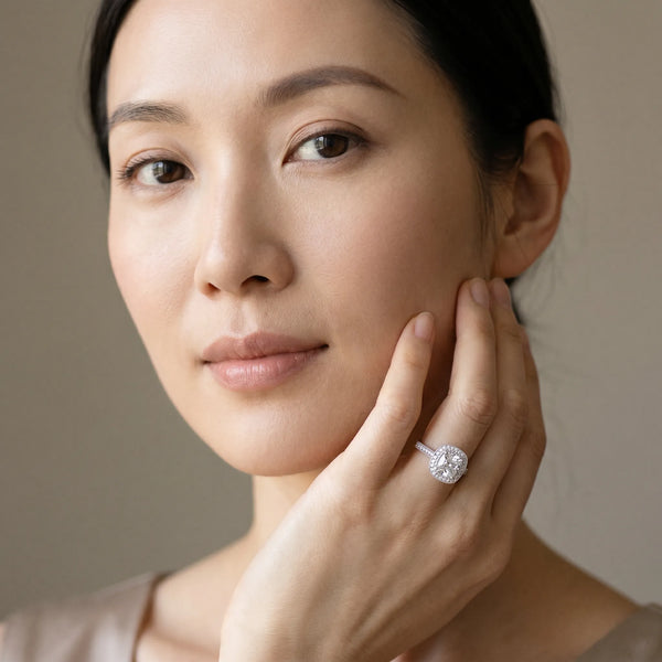 White gold Cushion Diamond Halo Ring with Milgrain Frame and Pavé Band