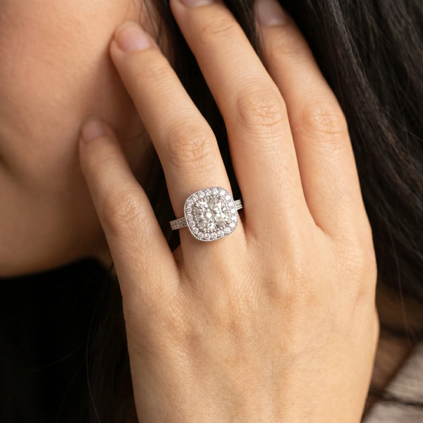 White gold Cushion Diamond Halo Ring with Milgrain Frame and Pavé Band