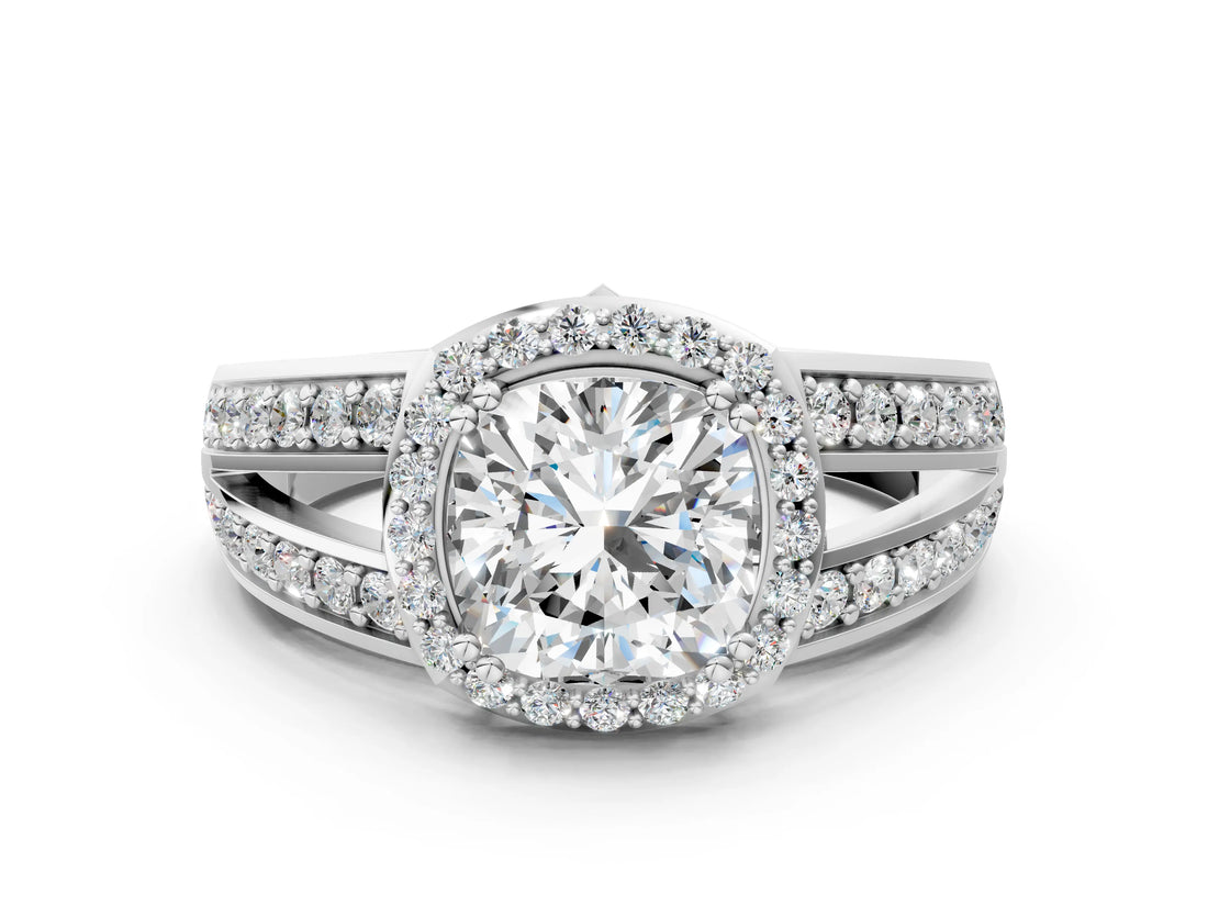 White gold Cushion Diamond Halo Ring with Split Shank Pavé Band and Four-Prong Setting_6
