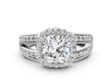 White gold Cushion Diamond Halo Ring with Split Shank Pavé Band and Four-Prong Setting_6