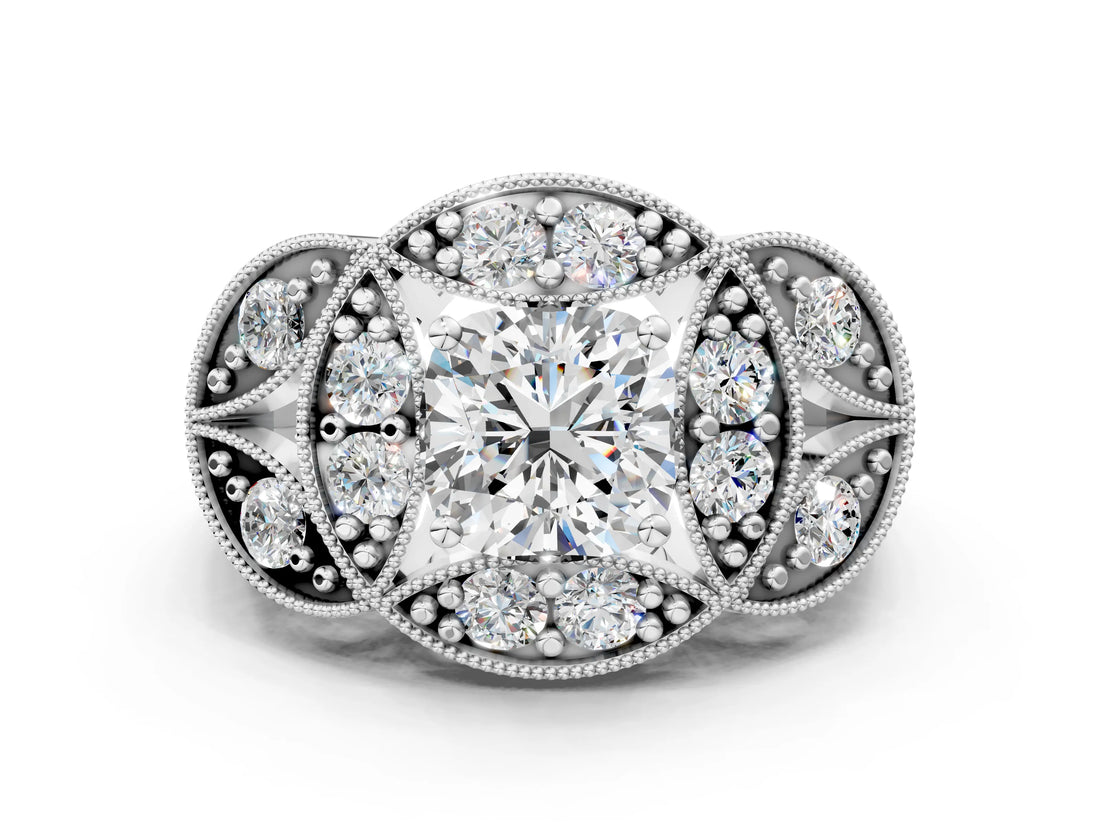 White gold Cushion Diamond Milgrain Marquise Filigree Engagement Ring with Prong Setting_6