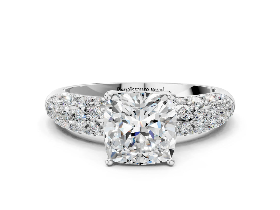 White gold Cushion Diamond Pavé Band Solitaire Ring with Four-Prong Setting_49