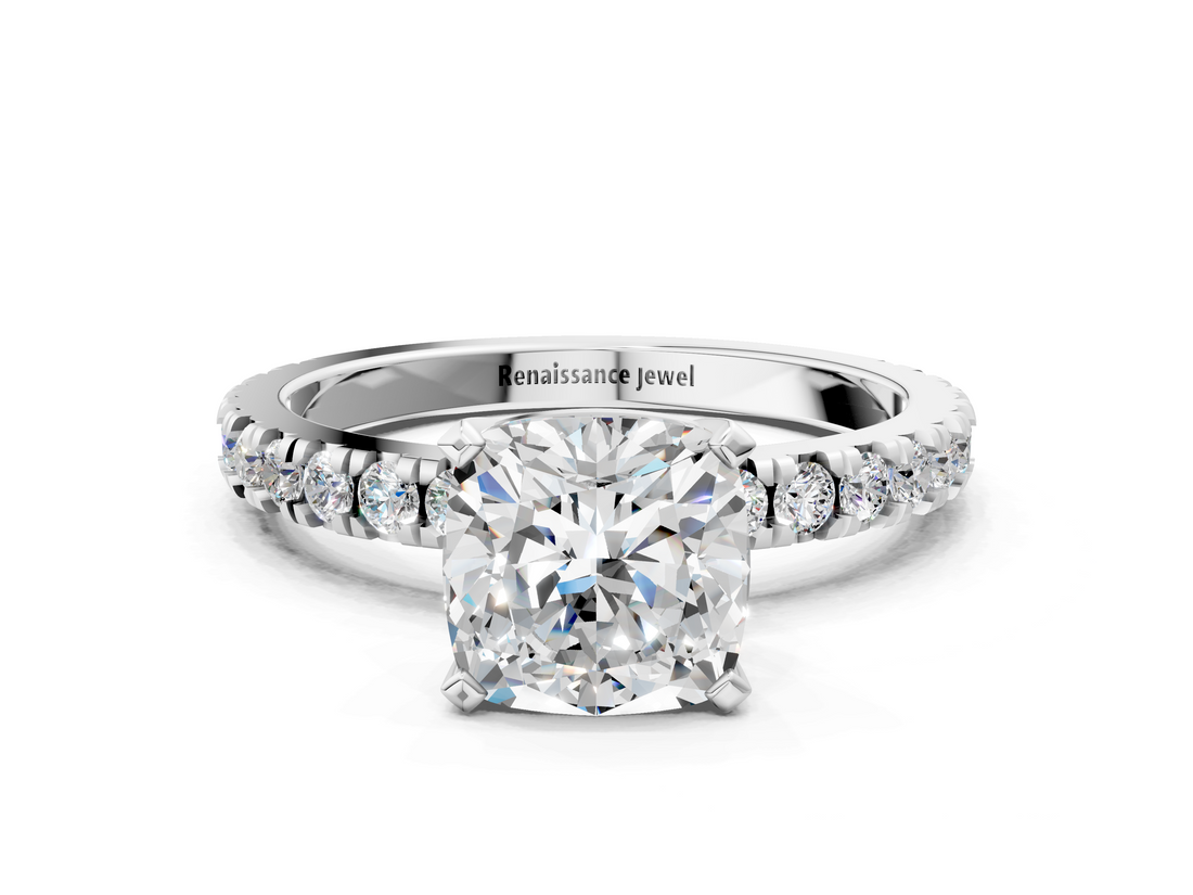 White gold Cushion Diamond Pavé Band Solitaire with Four-Prong Setting_231