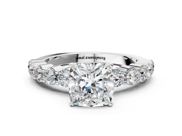 White gold Cushion Diamond Solitaire Ring with Shared Prong Round Side Stones