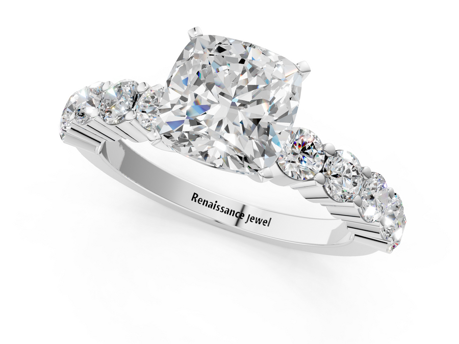 White gold Cushion Diamond Solitaire Ring with Shared Prong Round Side Stones