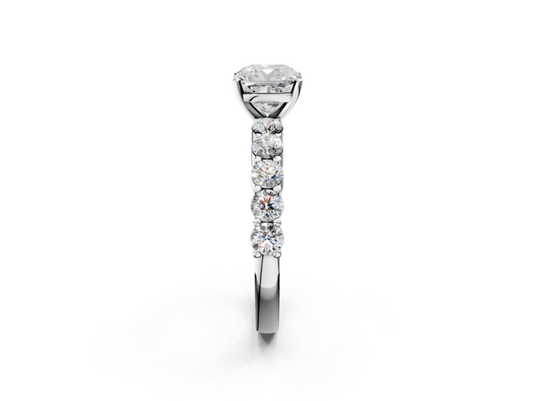 White gold Cushion Diamond Solitaire Ring with Shared Prong Round Side Stones