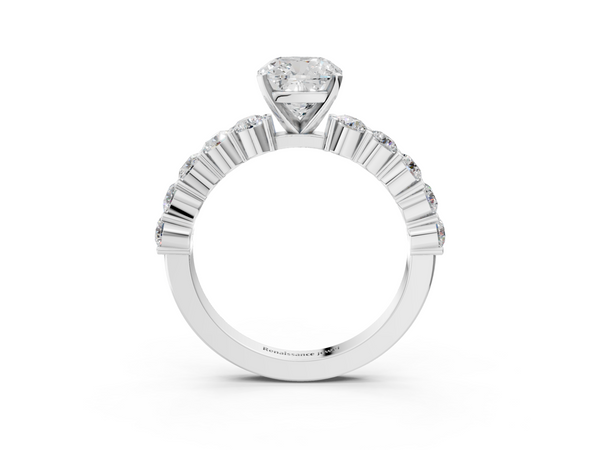 White gold Cushion Diamond Solitaire Ring with Shared Prong Round Side Stones