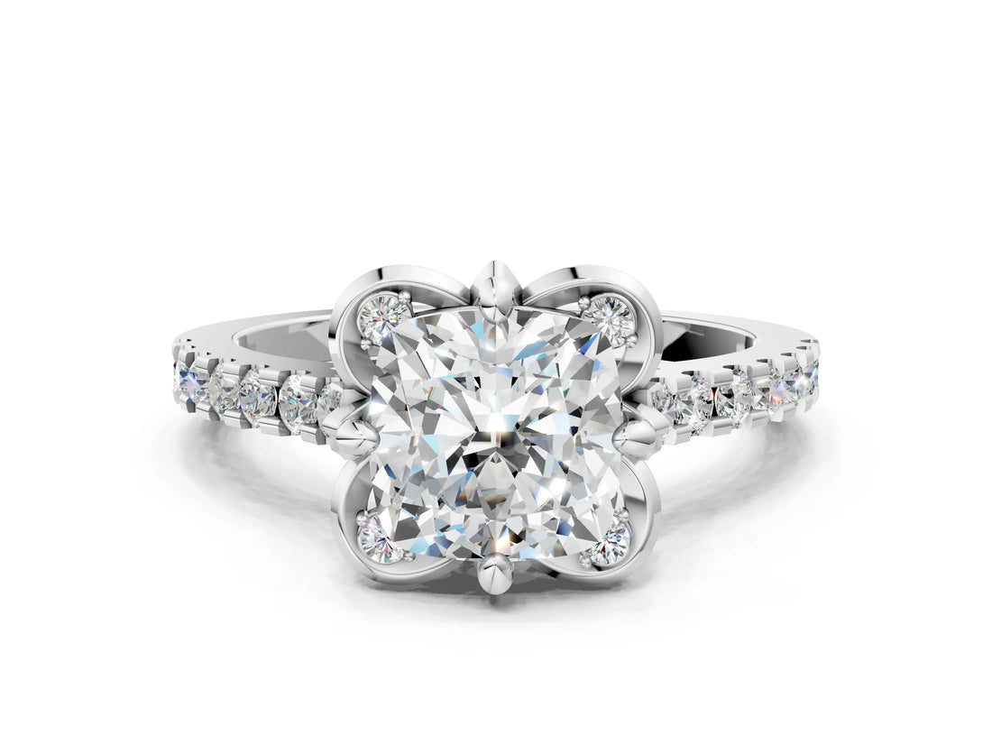 White gold Cushion Diamond Pave Band with Floral Prong Setting_28