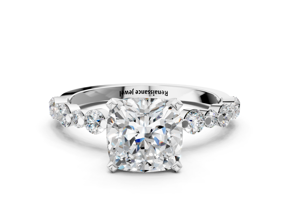 White gold Cushion Diamond Prong Set Engagement Ring with Pave Band_221