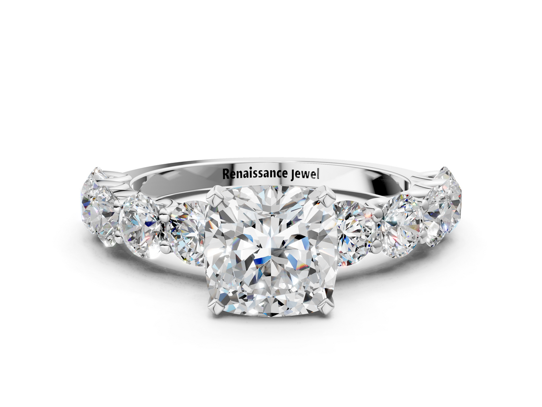 White gold Cushion Diamond Prong Setting with Side Stones on a Pave Band_151