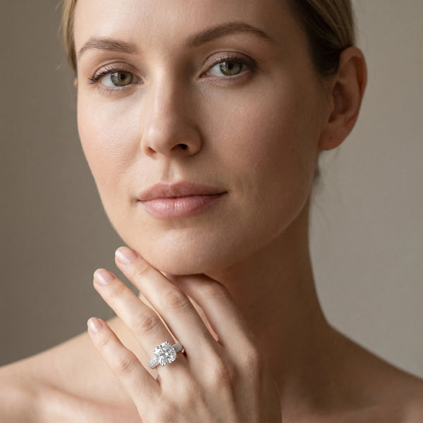 White gold Cushion Diamond Solitaire Ring with Prong Setting and Pavé Band