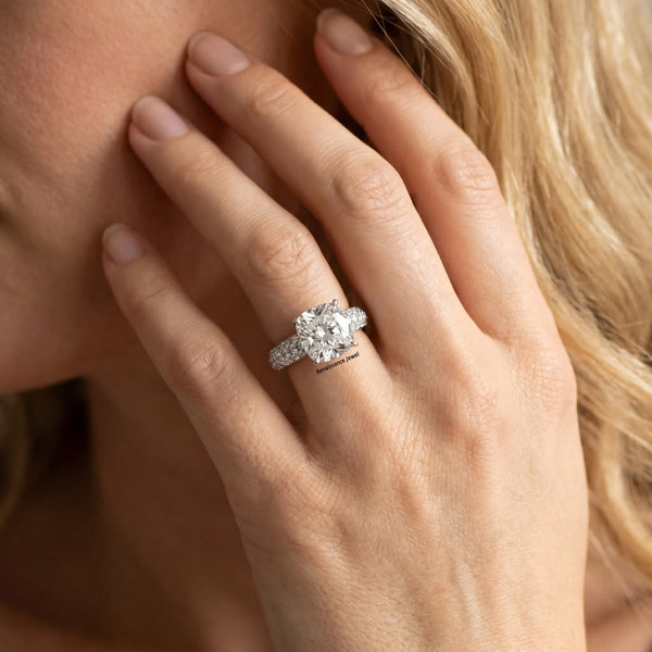 White gold Cushion Diamond Solitaire Ring with Prong Setting and Pavé Band