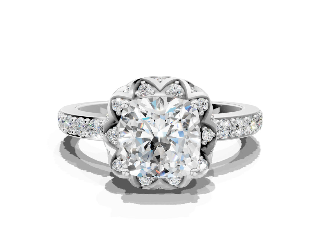 White gold Cushion Diamond Solitaire Ring with Shared Prong Pavé Band_53