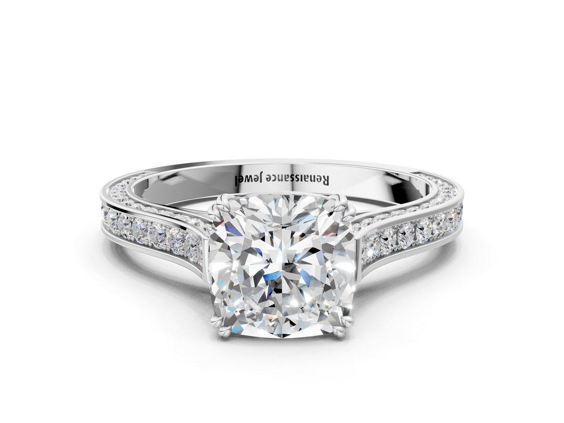 White gold Cushion Diamond Solitaire with Pave Band and Six-Prong Setting_52