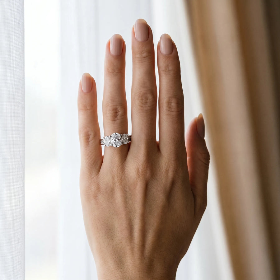 White gold Cushion Diamond Three-Stone Ring with Prong Setting and Textured Band
