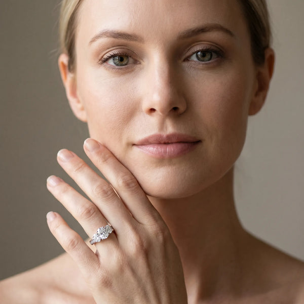 White gold Cushion Diamond Three-Stone Ring with Prong Setting and Textured Band