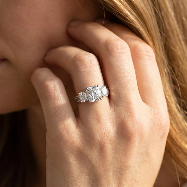 White gold Cushion Diamond Three-Stone Ring with Prong Setting and Textured Band