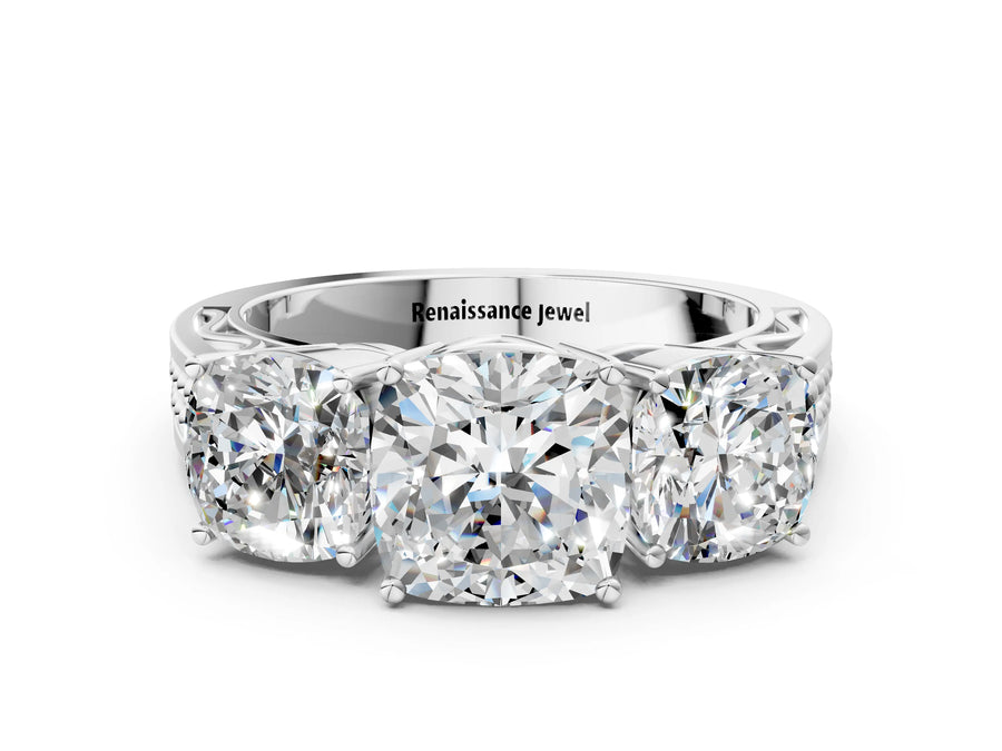 White gold Cushion Diamond Three-Stone Ring with Prong Setting and Textured Band