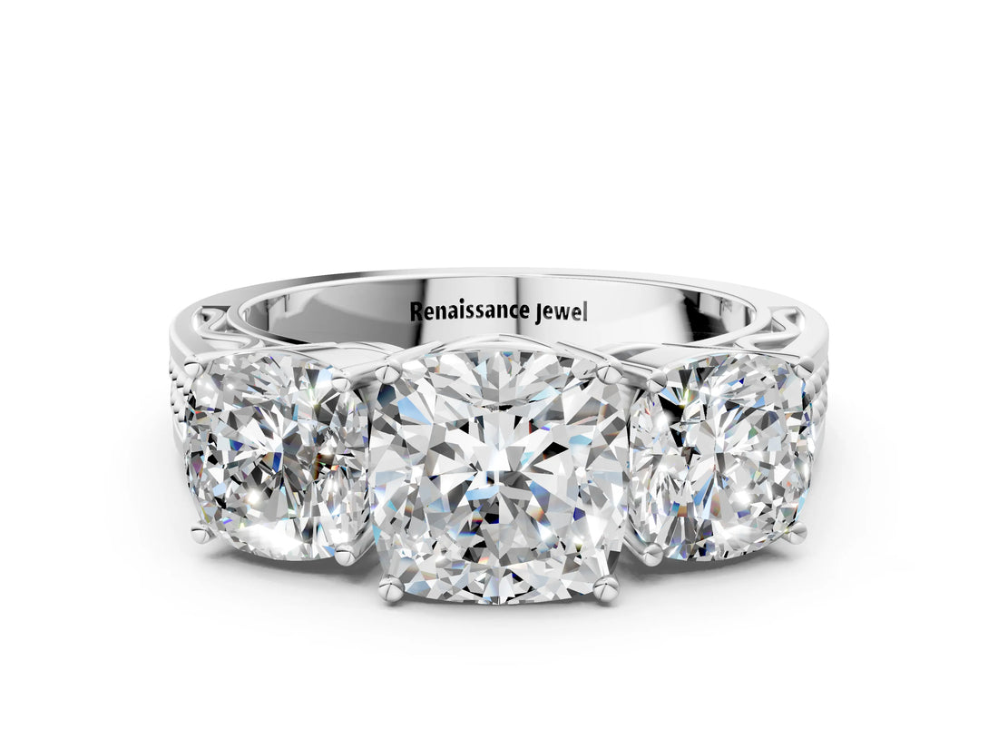 White gold Cushion Diamond Three-Stone Ring with Prong Setting and Textured Band_6