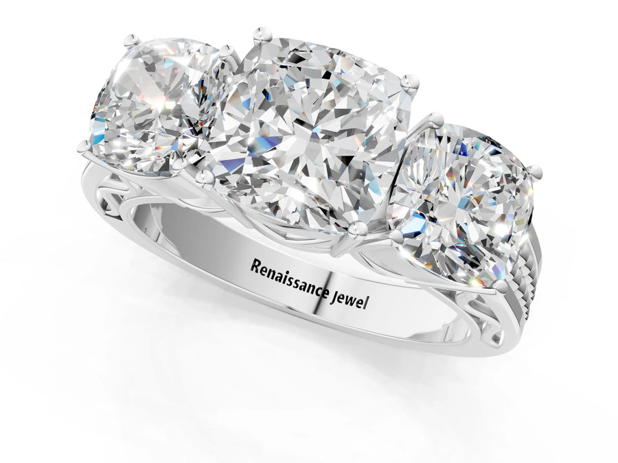 White gold Cushion Diamond Three-Stone Ring with Prong Setting and Textured Band