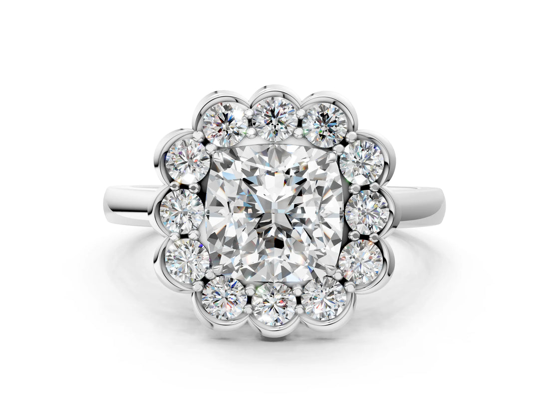 White gold Cushion Halo Cluster Diamond Engagement Ring with Solitaire Band and Prong Setting_47