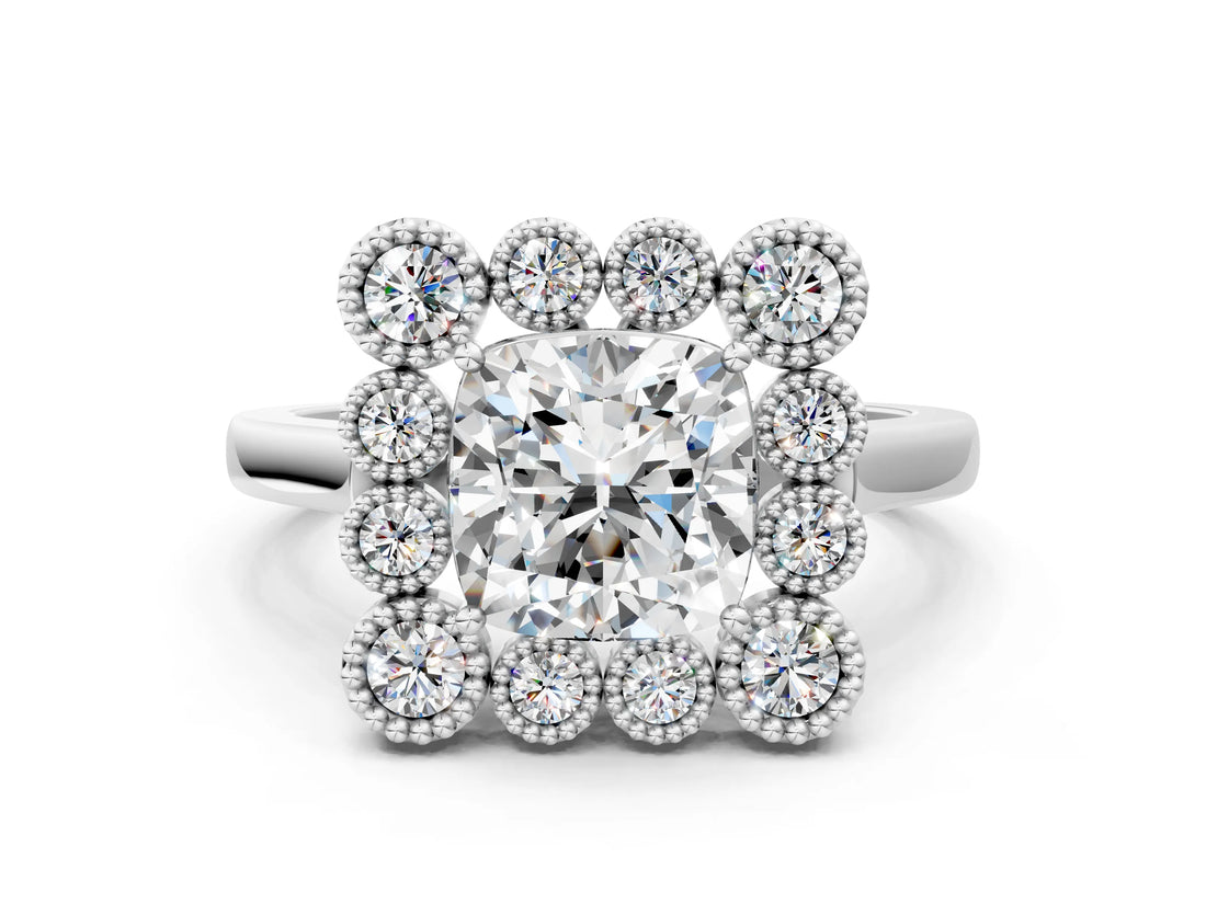 White gold Cushion Halo Diamond Cluster Engagement Ring with Milgrain Bezel Setting and Solitaire Band_45