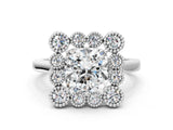 White gold Cushion Halo Diamond Cluster Engagement Ring with Milgrain Bezel Setting and Solitaire Band_45