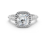 White gold Cushion Halo Diamond Engagement Ring with Intricate Filigree Band and Four-Prong Setting_35