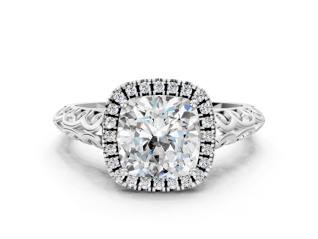 White gold Cushion Halo Diamond Engagement Ring with Intricate Filigree Band and Four-Prong Setting_37