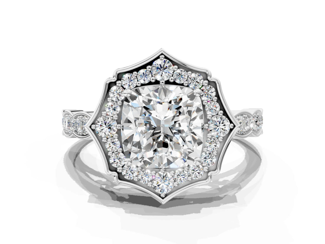 White gold Cushion Halo Diamond Engagement Ring with Milgrain Band and Four-Prong Setting_54