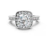White gold Cushion Halo Diamond Engagement Ring with Milgrain Pave Band and Four-Prong Setting_38