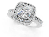 White gold Cushion Halo Diamond Engagement Ring with Milgrain Pave Band and Four-Prong Setting_39