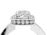 White gold Cushion Halo Diamond Engagement Ring with Milgrain Pave Band and Four-Prong Setting_42