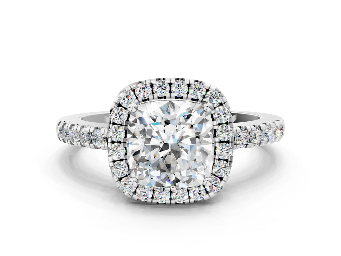 White gold Cushion Halo Diamond Engagement Ring with Pavé Band and Four-Prong Setting_27