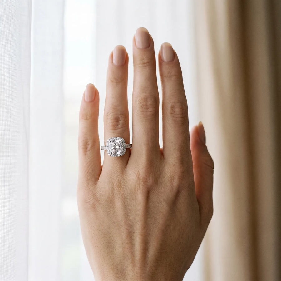 White gold Cushion Halo Diamond Engagement Ring with Split Shank Band and Four-Prong Setting