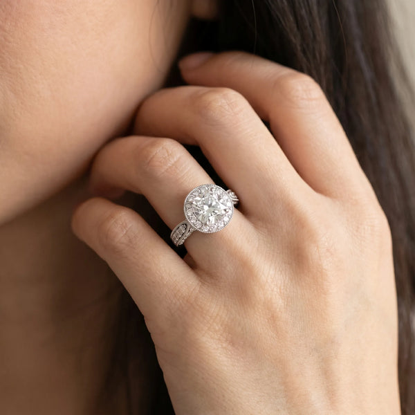 White gold Cushion Halo Diamond Engagement Ring with Split Shank Band and Four-Prong Setting