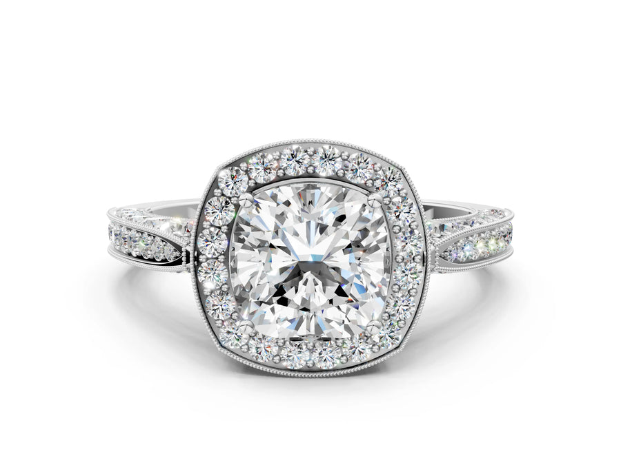 White gold Cushion Halo Diamond Engagement Ring with Split Shank Band and Four-Prong Setting