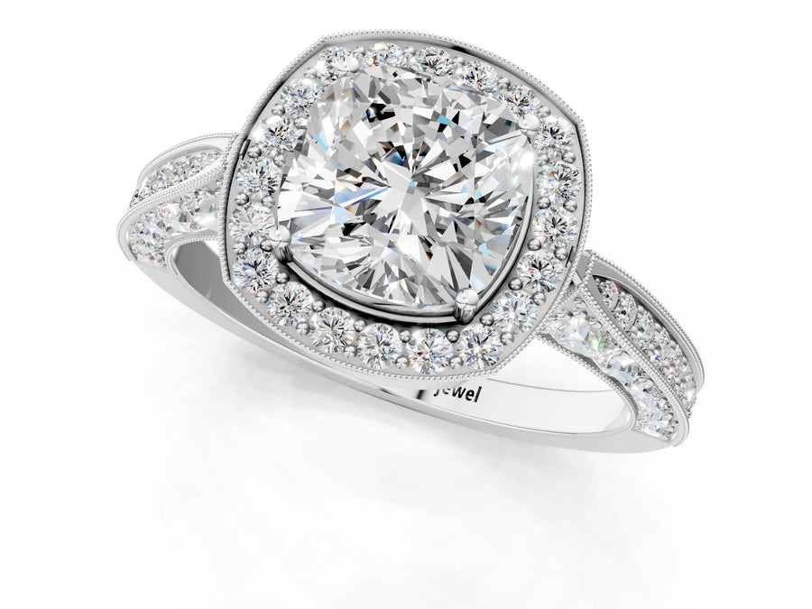 White gold Cushion Halo Diamond Engagement Ring with Split Shank Band and Four-Prong Setting
