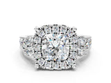 White gold Cushion Halo Diamond Engagement Ring with Split Shank and Four-Prong Setting