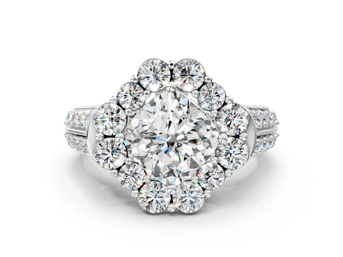 White gold Cushion Halo Diamond Engagement Ring with Split Shank and Prong Setting_62