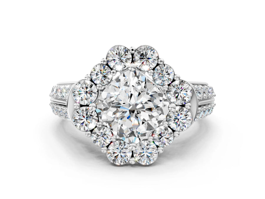White gold Cushion Halo Diamond Engagement Ring with Split Shank and Prong Setting