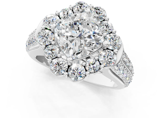 White gold Cushion Halo Diamond Engagement Ring with Split Shank and Prong Setting