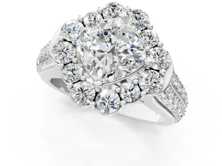 White gold Cushion Halo Diamond Engagement Ring with Split Shank and Prong Setting