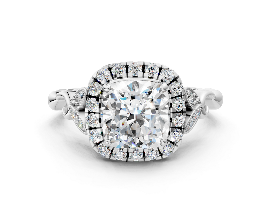 White gold Cushion Halo Diamond Engagement Ring with Vintage-Inspired Band and Four-Prong Setting_3